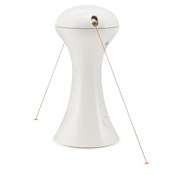 PetSafe Automatisches Katzenspielzeug Multi-Laser Weißes Laserpointer-Spielzeug für Haustiere, mit einem schlanken Design und zwei roten Laserstrahlen, die von oben projiziert werden.