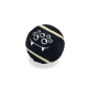 Schwarze Hundespielzeugball mit einem verspielten Monster-Gesicht-Design, das weiße Zähne und Pfotenabdrücke zeigt, vor einem weißen Hintergrund.
