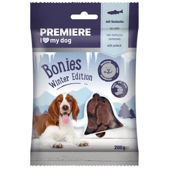 Premiere I Love My Dog Bonies Winter Edition dog treats, featuring a brown dog with a tongue out, 200g package with fish ingredient.
