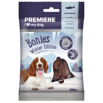 Premiere I Love My Dog Bonies Winter Edition Hundeleckerlis, mit einem braunen Hund mit herausgestreckter Zunge, 200 g Packung mit Fischzutat.