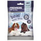 Premiere I Love My Dog Bonies Winter Edition Hundeleckerlis, mit einem braunen Hund mit herausgestreckter Zunge, 200 g Packung mit Fischzutat.
