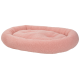 Weiches, rosa, rechteckiges Haustierbett mit erhöhten Rändern und plüschiger Textur.