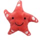 Ein plüschiges, lächelndes Seesternspielzeug in leuchtendem Korallenrot mit weißen Punkten, entworfen für Haustiere.