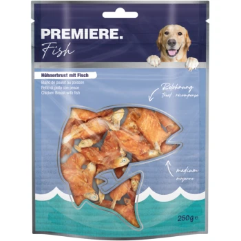 Premiere Fish pet treat packaging featuring chicken breast with fish, showcasing dried fish pieces inside a fish-shaped window.