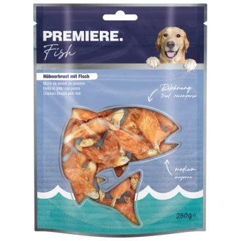 Premiere Fish pet treat packaging featuring chicken breast with fish, showcasing dried fish pieces inside a fish-shaped window.