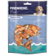 Premiere Fish huisdier traktatie verpakking met kipfilet en vis, met gedroogde visstukken binnenin een visvormig venster.