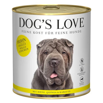 Nahaufnahme eines Shar Pei auf Dog's Love Dosenfutter mit "Huhn," "55% Huhn," und Zutaten: Birne, Quinoa & Karotte.