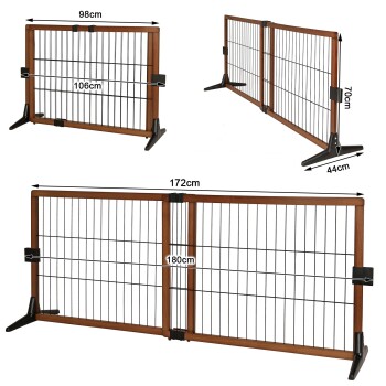 Holzhaustierzaun mit Metallstäben, verstellbare Größen: 98 cm, 106 cm, 172 cm und 180 cm; Höhenoptionen: 44 cm und 70 cm.