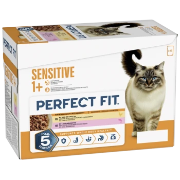 Packung PERFECT FIT Katzenfutter, SENSITIVE 1+ Sorte mit Bild einer blauäugigen Katze, 'Total 5 Formula', unterstützt die ganzheitliche Gesundheit des Körpers