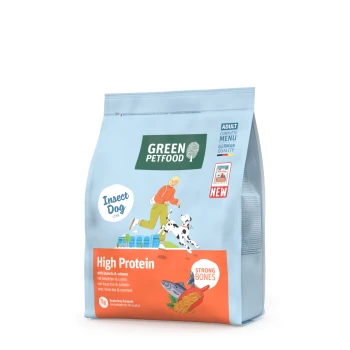 Beutel Green Petfood Insect Dog Line proteinreiches Hundefutter mit Insekten und Lachs, gekennzeichnet mit starken Knochen und getreidefreier Rezeptur.