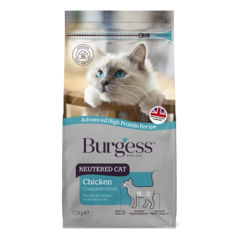 Burgess 'Neutered Cat Chicken' Komplettfutter im Beutel mit Foto einer blauäugigen Katze, 'Advanced High Protein Recipe', britische Flagge, 1,5 kg.
