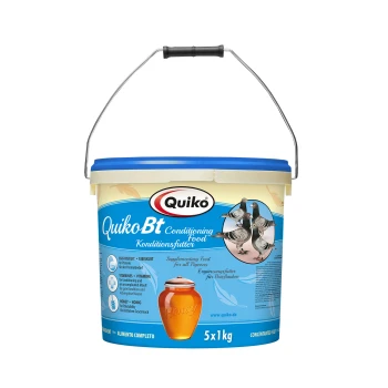 QuikoBt Conditioning Food für Tauben in einem 5-kg-Eimer, mit Bildern von Tauben, Honigglas und Text über Vitamine und Eiersupport.
