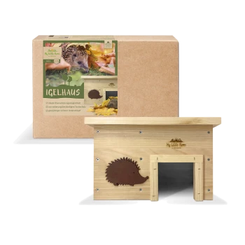 Holz-Igelhaus mit einer braunen Igel-Silhouette, verpackt in einer Pappschachtel mit der Aufschrift 'Igelhaus' von 'My Little Farm.'