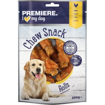 Verpackung von Premiere I Love My Dog Chew Snack Rolls, mit Hähnchen-Geschmack, 250g, mit einem Bild eines Golden Retrievers.