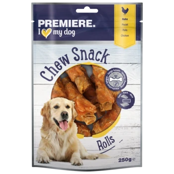 Verpackung von Premiere I Love My Dog Chew Snack Rolls, mit Hähnchen-Geschmack, 250g, mit einem Bild eines Golden Retrievers.