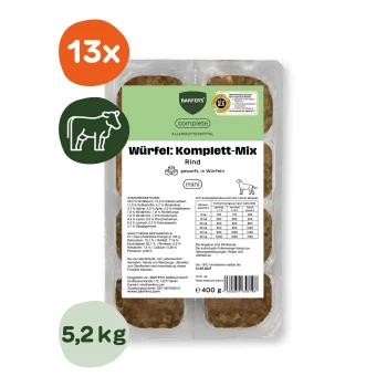 Barfer's Complete Würfel: Komplett‑Mix Rind Mini, rohe Hundefutter‑Schale 400 g; '13x' Abzeichen, Kreis mit '5,2 kg' und Kuhsymbol.