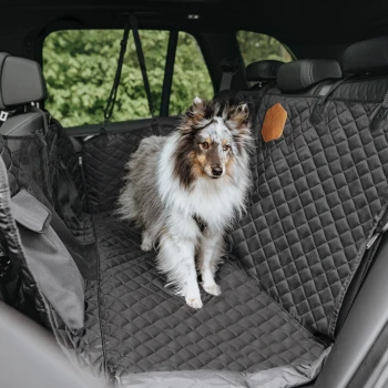 Ein flauschiger, dreifarbiger Collie sitzt auf einem schwarzen, gepolsterten Haustiersitzbezug im Auto, mit Grünpflanzen, die durch die Fenster sichtbar sind.