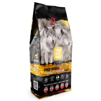 Dog Freiland-Geflügel 12 kg Tüte Alpha Spirit ‚The Only One‘ Freilandgeflügel Vollnahrung für Hunde mit Wolfbild und gelb-orangeem Etikett