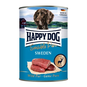 Dosen-Hundefutter mit der Aufschrift "Happy Dog Sensible Pure Sweden", mit einem braunen Hund auf der Vorderseite, mit rohen Fleischstücken.