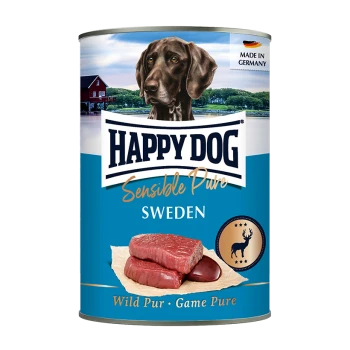 Nourriture pour chiens en conserve étiquetée 'Happy Dog Sensible Pure Sweden', présentant un chien brun à l'avant, avec des morceaux de viande crue affichés.