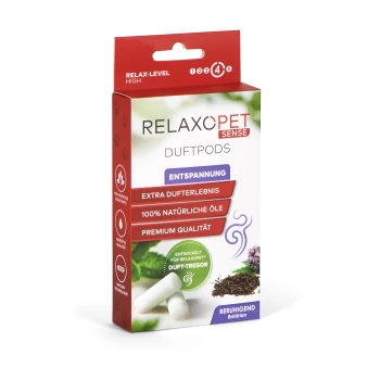 SENSE Duftpod Typ Entspannung Verpackung von RelaxoPet Sense Duftpods mit hohem Entspannungsgrad, die Entspannung mit 100% natürlichen Ölen und Premium-Qualität fördert.