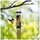 Ein Vogelhaus, das von einem Ast hängt, gefüllt mit Vogelfutter und einem Vogel im Flug, der sich ihm nähert, vor einem verschwommenen grünen Hintergrund.