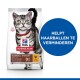 Hill's Science Plan Hairball Indoor kattenvoerzak met een grijze tabby kat, met een blauwe cirkel met de tekst 'Helpt haarballen te verminderen.'