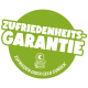 Grünes rundes Abzeichen mit weißem Text „Zufriedenheits-Garantie“ und „Zufrieden oder Geld zurück“ mit Euro-Münzenstapel-Symbol.