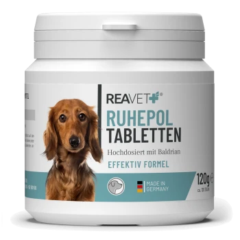 Behälter mit REAVET Ruhepol Tabletten für Hunde, 120g, mit einem Hundebild, mit Text, der auf die hohe Dosierung mit Baldrian hinweist.