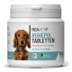 Behälter mit REAVET Ruhepol Tabletten für Hunde, 120g, mit einem Hundebild, mit Text, der auf die hohe Dosierung mit Baldrian hinweist.