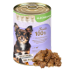 Eine Dose Hundefutter mit der Aufschrift "Josie's 100% Muskel Fleisch", auf der Vorderseite ein Chihuahua, mit Fleischstücken daneben.
