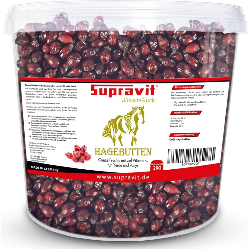 Supravit Hagebutten Pferd | Mit viel Vitamin C für Pferde und Ponys | 2kg Eimer I Ganze getrocknete Früchte - natürliche Pferdeleckerlis ohne...