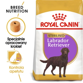 Torba z karmą dla psów Royal Canin Sterilised Labrador Retriever z ilustracją brązowego labradora, z tekstem na temat żywienia rasy i kontroli apetytu.