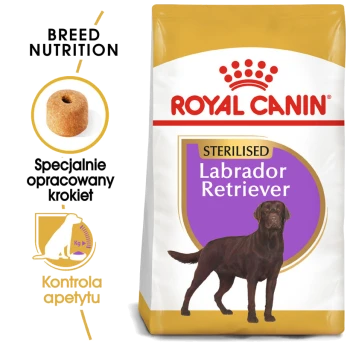 Torba z karmą dla psów Royal Canin Sterilised Labrador Retriever z ilustracją brązowego labradora, z tekstem na temat żywienia rasy i kontroli apetytu.