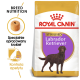 Torba z karmą dla psów Royal Canin Sterilised Labrador Retriever z ilustracją brązowego labradora, z tekstem na temat żywienia rasy i kontroli apetytu.