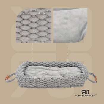 Graues gewebtes Haustierbett mit einem weichen Kissen, mit Nahaufnahmen der Textur und des Stoffes, gebrandet mit "ROHRSCHNEIDER."