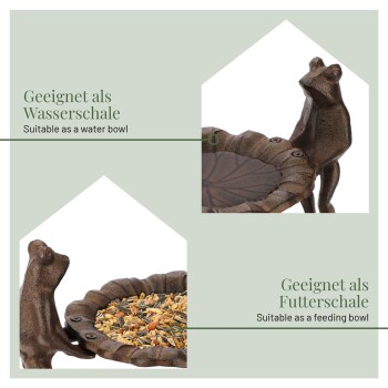 Dekorative, froschförmige Schüssel, gekennzeichnet zur Verwendung als Wasser- und Futterschüssel, mit einem strukturierten Blättermuster.