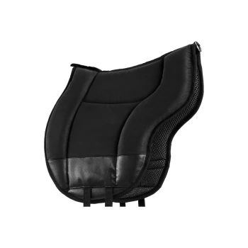 Schwarze gepolsterte Haustiersitzbezug mit einer strukturierten Unterseite und verstellbaren Riemen zur Sicherung an Ort und Stelle.