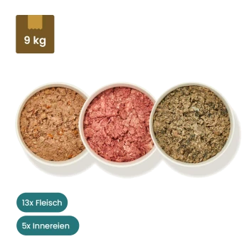 Eingefrorene Haustierfutterpakete, die mit drei Schüsseln verschiedener Fleischsorten präsentiert werden, beschriftet mit "14 x Fleisch" und "4 x Geflügel."