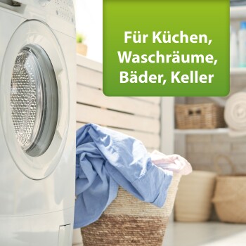 Waschmaschine mit einem Wäscheberg neben einem geflochtenen Korb; der Text lautet "Für Küchen, Waschräume, Bäder, Keller."
