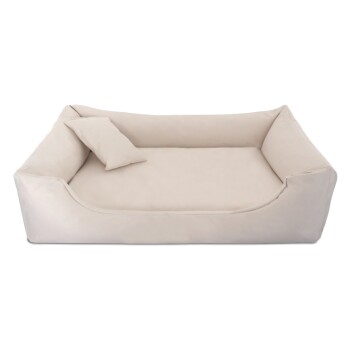 Ein plüschiges, beiges Hundebett mit einer unterstützenden Rückenlehne und einem kleinen passenden Kissen, entworfen für Komfort und Entspannung.