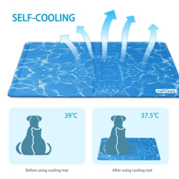 Selbstkühlende Tiermatte mit einem blauen Wasserdesign, die eine Temperaturreduktion von 39°C auf 37,5°C für Haustiere zeigt.