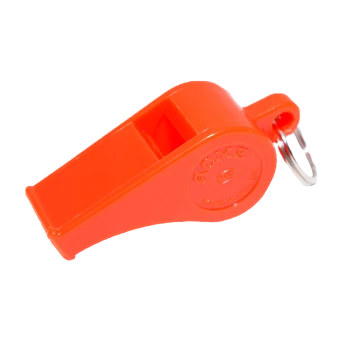 Leuchtend orangefarbene Kunststoffpfeife mit Metallring, geprägt mit „ACME“ und „Made in England“ an der Seite.