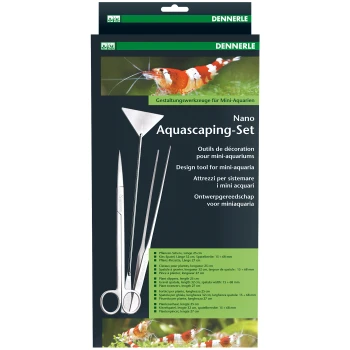Dennerle Nano Aquascaping Set Verpackung, die Werkzeuge für Mini-Aquarien zeigt: Schere, Pinzette und Spachtel mit mehrsprachigen Details.