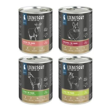 Vier LIEBESGUT-Hundefutterdosen mit Tierzeichnungen und deutschen Etiketten: Hirsch, Kaninchen, Pferd, Ziege.
