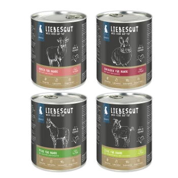 Vier LIEBESGUT-Hundefutterdosen mit Tierzeichnungen und deutschen Etiketten: Hirsch, Kaninchen, Pferd, Ziege.