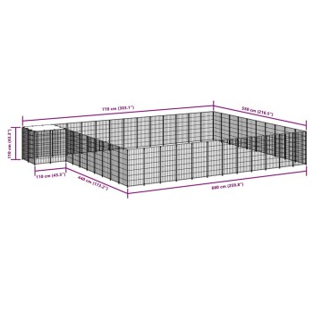 3D-Drahtgitterdiagramm eines großen rechteckigen Haustierauslaufs mit in Zentimetern beschrifteten Maßen.