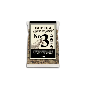 Bubeck No 3 Pferd Hundeleckerlis, 210g Paket, featuring eine Pferdeillustration und den Text "natürliche Belohnung ohne Getreide."