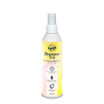 Sprühflasche für trockenes Haustiershampoo, 250 ml, mit einem bunten Etikett, das 'Shampoo Dry' und Anweisungen zur Pflege des trockenen Fells zeigt.
