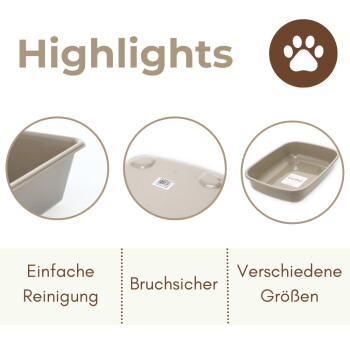 Beige Kunststoff-Kleintier-Toilette; Überschrift „Highlights“ mit Pfoten-Symbol; Beschriftungen: Einfache Reinigung, Bruchsicher, Verschiedene Größen